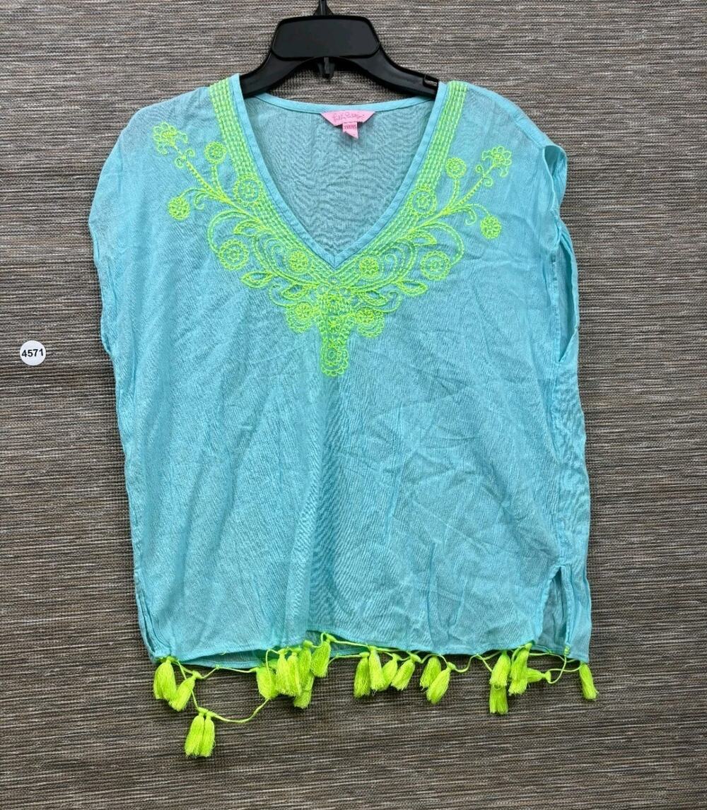 Lilly Pulitzer Aqua Green Tunic Top Womens Size XXS/XS Green Tassels Pullover